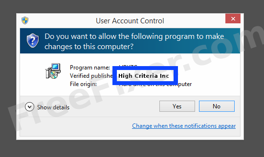 Screenshot where High Criteria Inc appears as the verified publisher in the UAC dialog